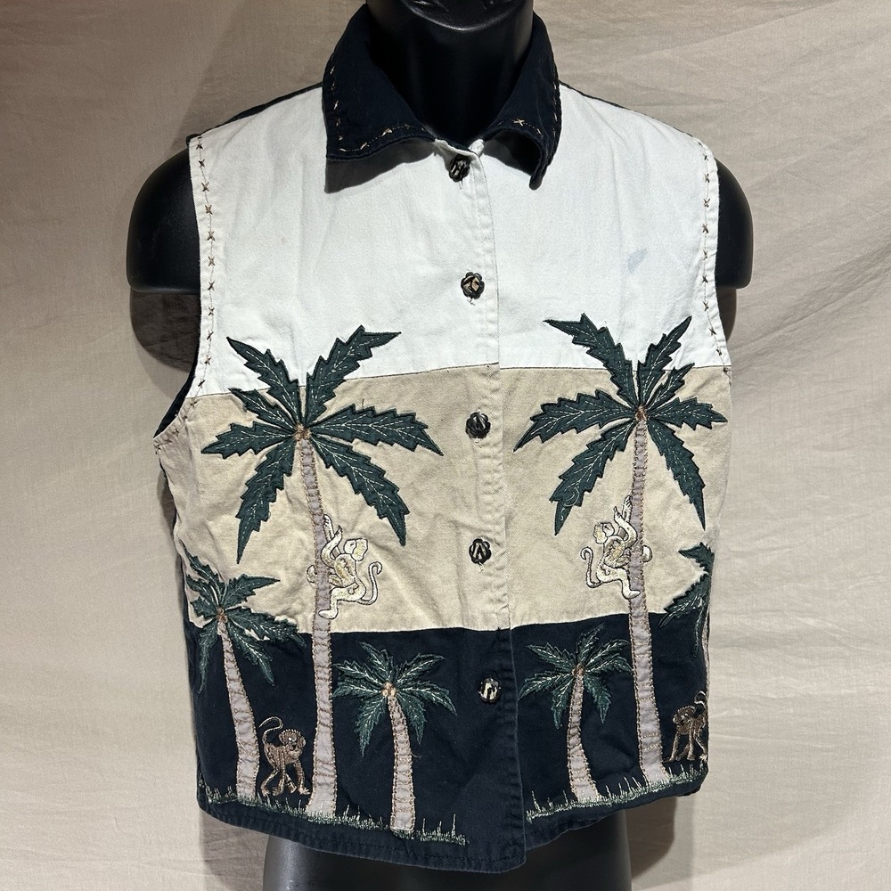 Vintage Life Style Womens Medium Embroidered Vest Palm Trees Monkeys Colorblock
